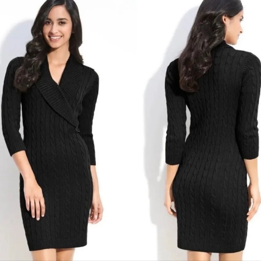 Calvin Klein Gray Wavy Ribbed Shawl Collar Quarter Sleeve Belted Mini Dress S